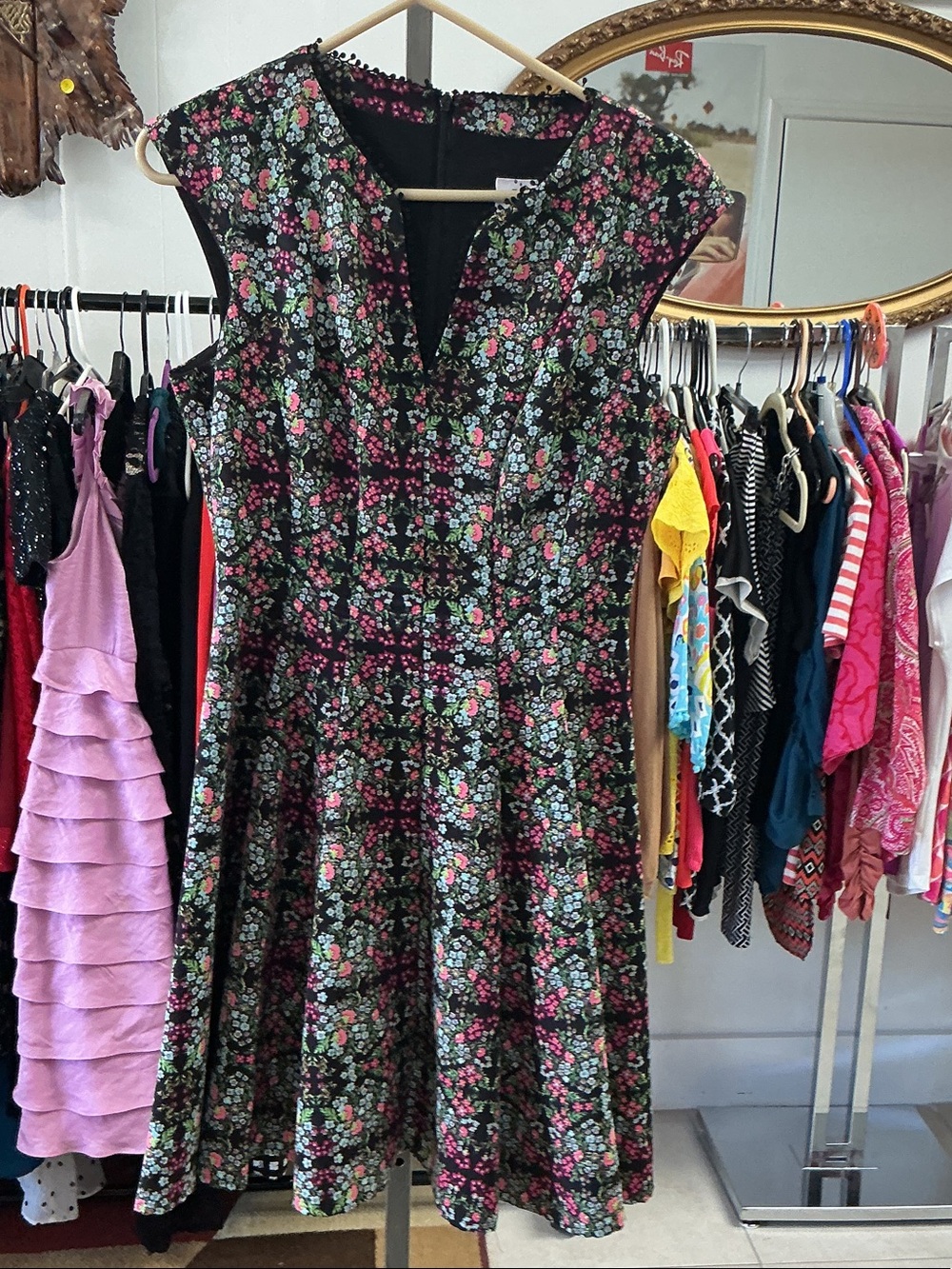 Floral Fit-and-Flare Maxi Dress — Black with Pink & Green Floral